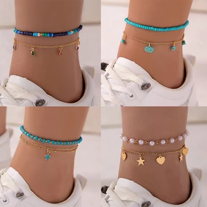 Tocona Bohemian Colorful Beaded Gravel Double Layer Feet Chain Men and Women Geometric Alloy Dropped Oil Anklet Summer Jewelry