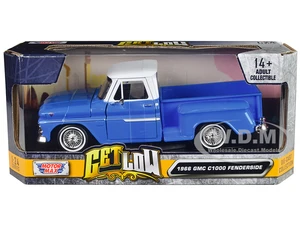 1966 GMC C1000 Fenderside Pickup Truck Lowrider Blue with White Top "Get Low" Series 1/24 Diecast Model Car by Motormax