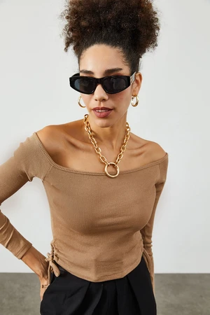 XHAN Women's Beige Smocking Detailed Boat Neck Camisole Blouse
