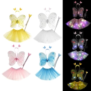 4 Colors Fairy Girls Flashing Wings Tutu Skirt Glow LED Dress Butterfly Wing Wand Headband Costume Holiday Party Decor C