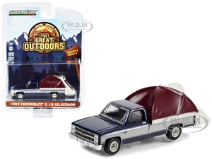 1982 Chevrolet C-10 Silverado Pickup Truck Blue and Silver with Modern Truck Bed Tent "The Great Outdoors" Series 2 1/64 Diecast Model Car by Greenli