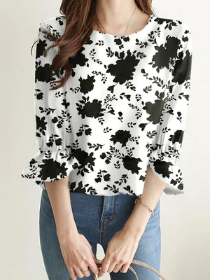 Leaves Print 3/4 Sleeve Crew Neck Casual Blouse