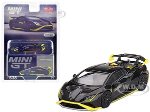 Lamborghini Huracan STO Nero Noctis Black with Yellow Accents Limited Edition to 5400 pieces Worldwide 1/64 Diecast Model Car by True Scale Miniature