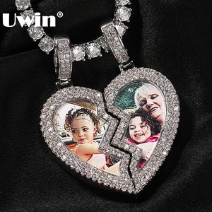 UWIN Broken Heart Medallion Picture Pendant Necklaces Iced Out CZ Half Magnetic Heart Charms Fashion Jewelry for Lovers