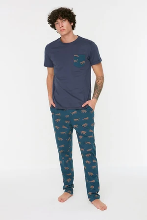 Trendyol Navy Blue Regular Fit Printed Knitted Pajamas Set