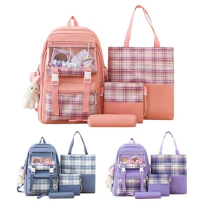 Cute School Backpack Girls Set Aesthetic School Bag 4pcs School Bag Set With Rabbit Pendant Backpack Shoulder Bag Handbag Pen