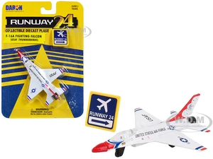 General Dynamics F-16 Fighting Falcon Fighter Aircraft White "United States Air Force Thunderbirds" with Runway 24 Sign Diecast Model Airplane by Run