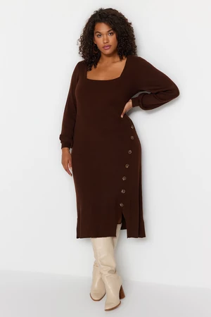 Trendyol Curve Brown Button Detailed Slit Knitwear Dress