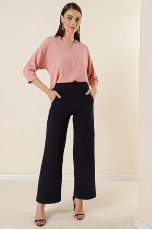 By Saygı Waist Bodice with Pockets Knitted Crepe Palazzo Pants in Navy Blue.