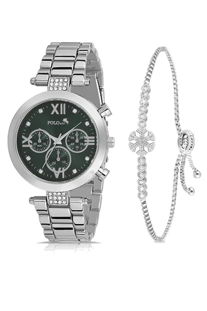 Polo Air Sport Stylish Women's Wristwatch and Zircon Stone Snowflake Bracelet Combination Silver Green Color