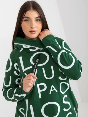 Dark green sweatshirt of larger size with printed hoodie