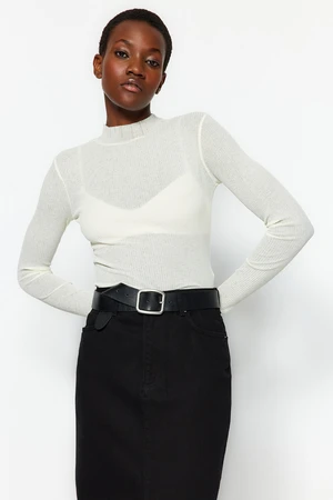 Trendyol Cream Fitted Special Textured Tulle Transparent High Collar Flexible Knitted Blouse