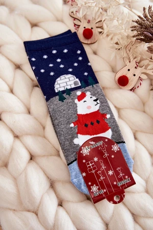 Dámské Ponožky Vánoční Vzory S Plyšovým Medvídkem A Iglú Šedo-Navy