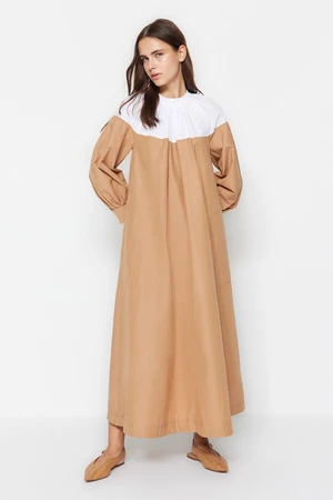 Trendyol Camel Color Block Shirring a Pocket Detail Wide Fit, tkané bavlnené šaty