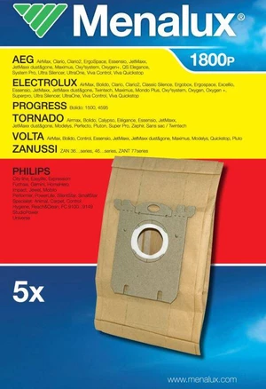 Sáčky pre vysávače Menalux 1800 P náhradní sáček do vysavače • vhodné pro vysavače AEG, Electrolux, Progress, Tornado, Volta, Zanussi a Philips • 5 ks