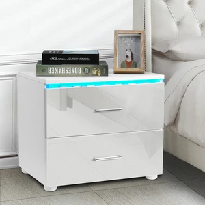 Woodyhome LED Nightstand with 2 Glossy Drawer Modern Bedside End Table White