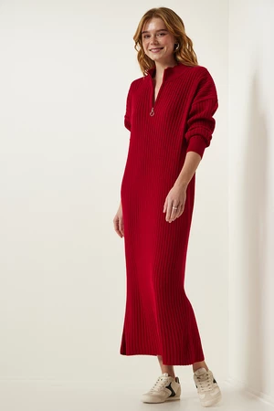Happiness İstanbul Women's Red Ribbed Oversize Knitwear Dress