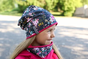 Cotton cap + neck warmer / dark blue flowers