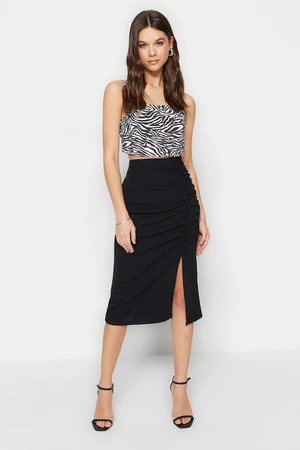 Trendyol Black Drape and Slit Detailed Crepe Midi Knitted Skirt