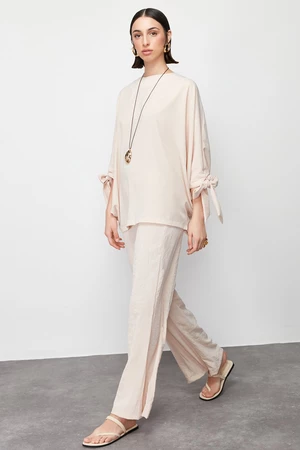 Trendyol Beige Bat Sleeve Woven Aerobin Tunic-Pants Suit