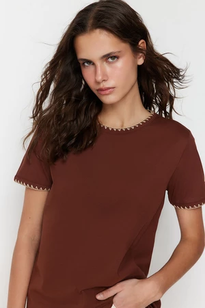 Trendyol Brown 100% Cotton Basic Crew Neck Knitted T-Shirt with Contrast Stitching Detail