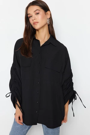 Trendyol Black Adjustable Shirring Sleeves, Woven Cotton Shirts