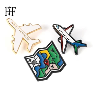 Cartoon Google Maps Enamel Pin Badge On Backpack World Traveler Airplane Brooch Gold-color Metal Brooches Pin Aircraft Jewelry