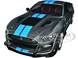 2022 Ford Mustang Shelby GT500 KR Dark Silver Metallic with Blue Stripes 1/18 Diecast Model Car by Solido