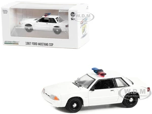 1987-1993 Ford Mustang SSP White Police Car with Light Bar "Hot Pursuit" "Hobby Exclusive" Series 1/64 Diecast Model Car by Greenlight