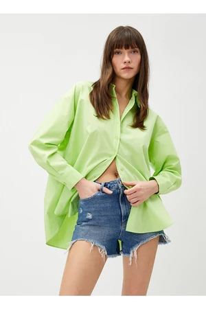 Koton Solid Green Women's Shirt With Shirt Collar 3sak60011pw