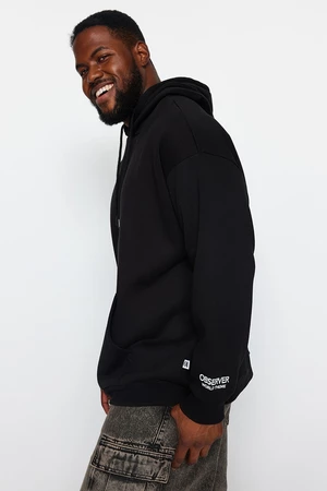 Trendyol Black Men's Plus Size Oversize/Wide-Cut Comfortable Hoodie with Embroidery on the Sleeves, Fleece Inside Sweatshirt.