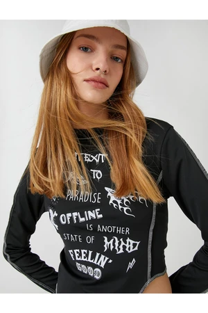 Koton Long Sleeved T-shirt with a Gothic Print Asymmetrical Fit Stand Up Collar.