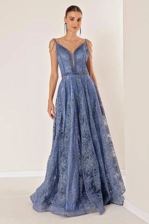 By Saygı Thin Straps V-neck Beading Detail Tie Back Lined Glitter Flock Printed Coral Long Dress INDIG