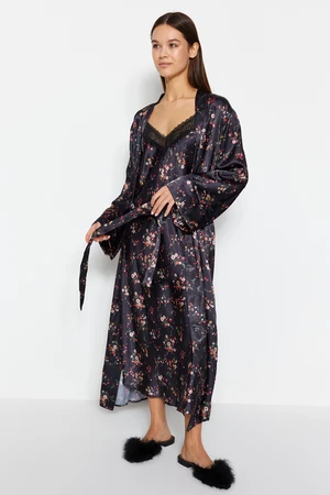 Trendyol Black-Multicolored Floral Satin Woven Dressing Gown