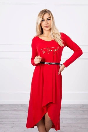 Dress with a decorative belt and red lettering