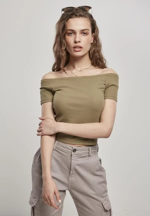 Women's t-shirt in khaki color with a stretched shoulder