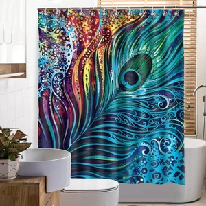 Peacock Feather Bathroom Shower Curtain Polyester Fabric Printed Waterproof Bath Curtain With 12 Hooks