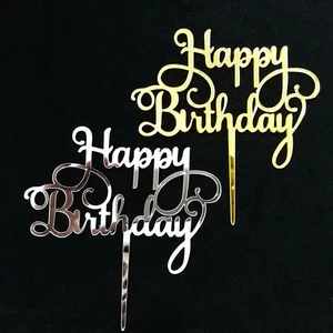 Happy Birthday Acrylic Cake Topper Decorations Silver Gold Party Supplies
