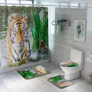 Honana 4PCS Bathroom Waterproof Shower Curtain Animal Tiger Pattern Bath Mat Toilet Seat Cover Pedestal Rug Bathroom Dec