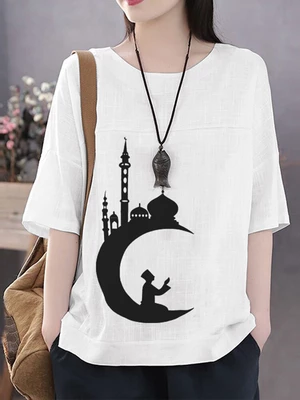 Leisure Castle Print Round Neck Cotton Blouse