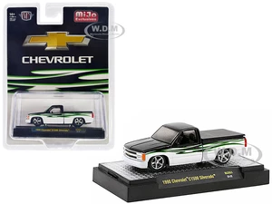 1990 Chevrolet C1500 Silverado Pickup Truck Black and White with Graphics Limited Edition to 4400 pieces Worldwide 1/64 Diecast Model Car by M2 Machi