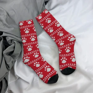 Retro Christmas Abstract Knitted Dog Paw Soccer Socks Polyester Middle Tube Socks for Unisex