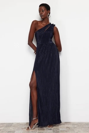 Trendyol Navy Blue Pleated Lined Knitted Long Evening Dress