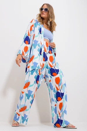 Trend Alaçatı Stili Women's Blue Kimono Jacket And Palazzo Pants Suit