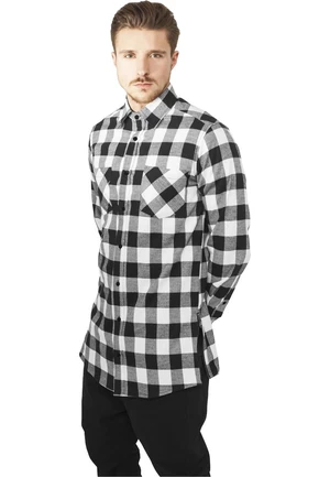 Long plaid flannel shirt with side zipper blk/wht