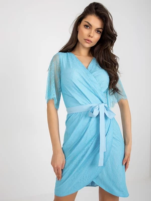 Light blue lace cocktail dress with belt