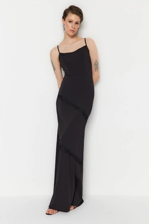 Trendyol Black Fitted Evening Dress With Knitted Lace