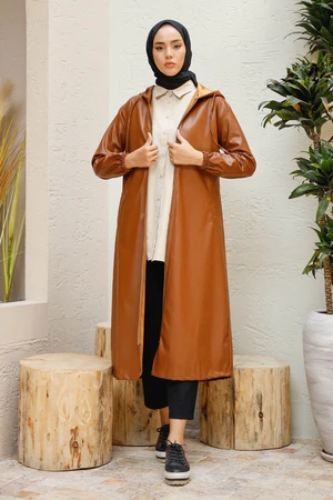 InStyle Hooded Long Leather Cape - Camel