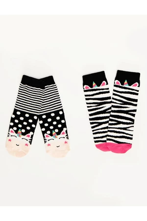 Denokids Zebra Unicorn Girls' Striped Black and White Crewneck Socks 2 Pairs Set