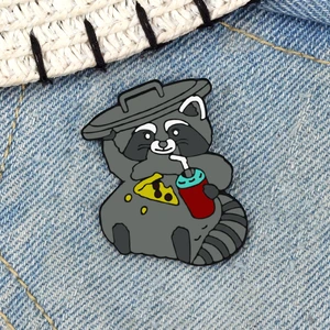 Cartoon Fat Gray Raccoon Enamel Pins Cute 'Food Thief' Eatting Pizza Drinking Juice Brooch Kids Animal Bag Badge Clothes Jewelry
